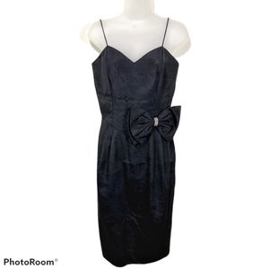 Patra Cocktail Dress Vintage 1980s Black Moire Bengaline Spaghetti Strap Bow 6